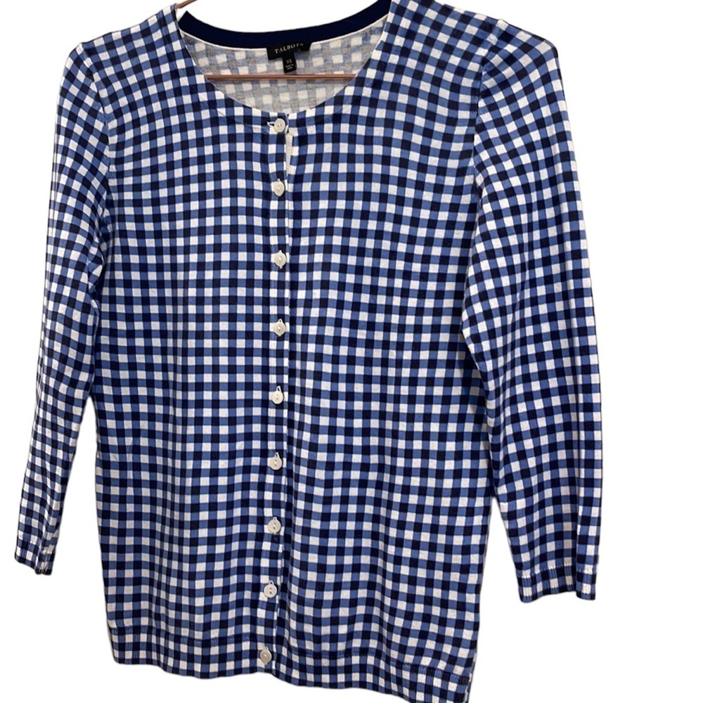 TALBOTS Gingham Cardigan Tank Blue Sweater - Picture 9 of 12